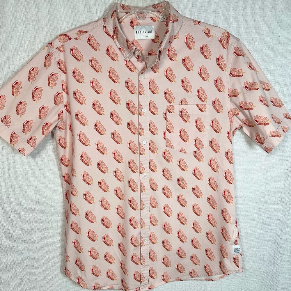 Public Art Pink Strawberry Popsicle Short-Sleeve Button-Up Shirt - Picture 3 of 6
